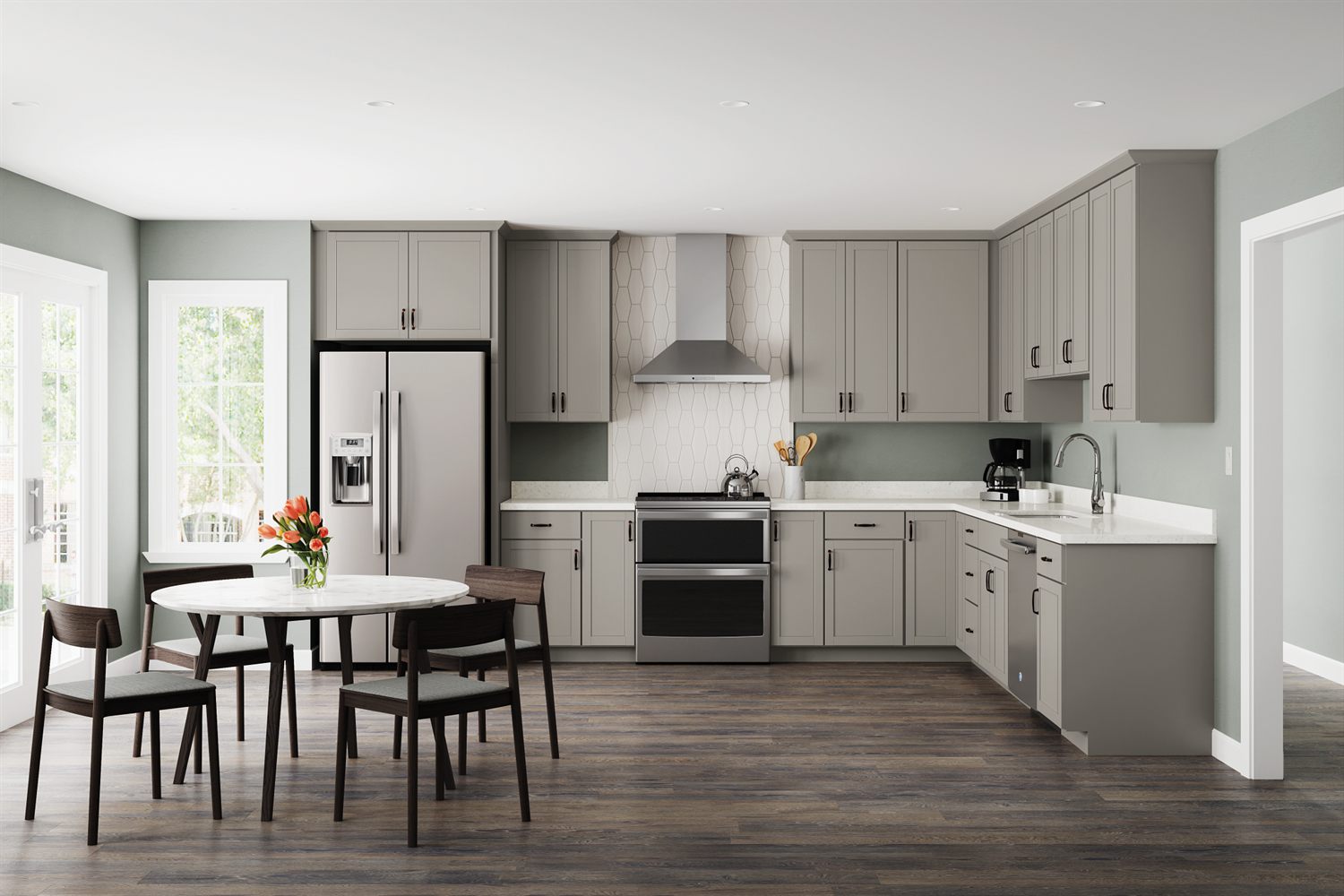 Merillat Basics McDurmon door style, greige shaker kitchen